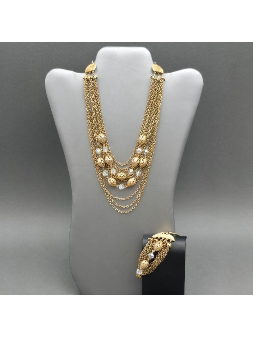 Vintage Gold Tone AB Crystal Multichain Necklace Bracelet Set Demi Parure